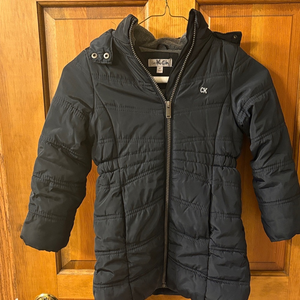 Calvin Klein Girls Navy Blue Long Sleeve Trim Hooded Puffer Jacket Sz: 4T EUC